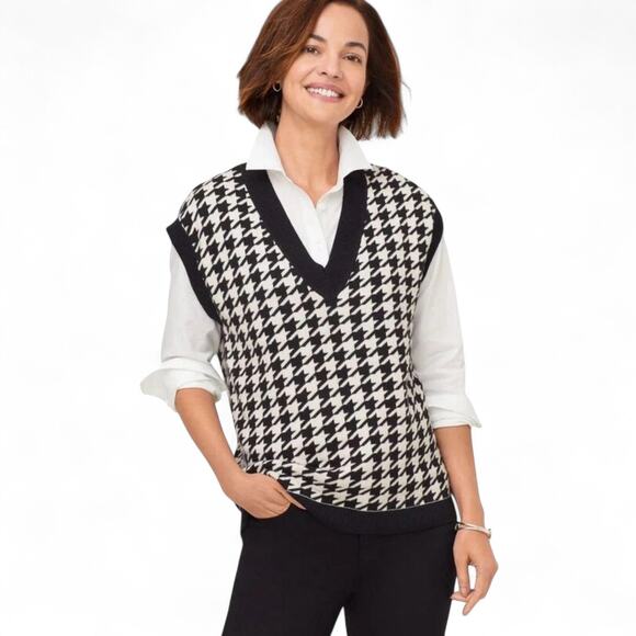 Talbots Houndstooth V Neck Sweater Vest Petite L Black White Cotton Preppy Chic - Picture 1 of 8
